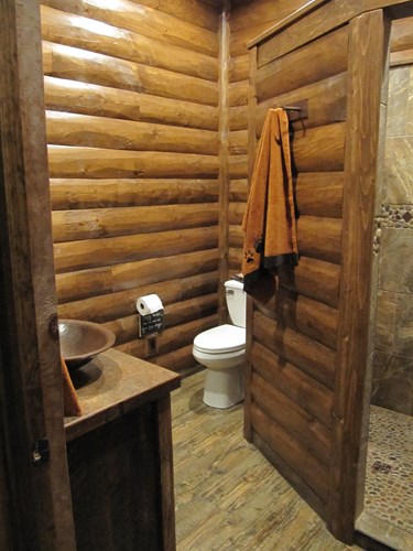 Bathroom with 2x8 pine log siding with pine D-trim, prestained chestnut.