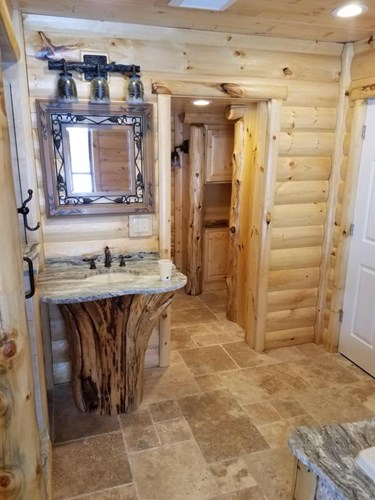 3x8 hand hewn pine log siding, prefinished with flare bottom tree bathroom sink.